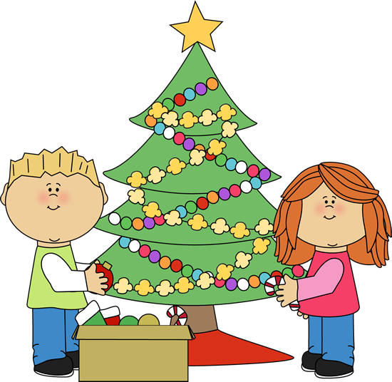 Christmas Tree Clip Art - kids putting ornaments on a Christmas tree ...