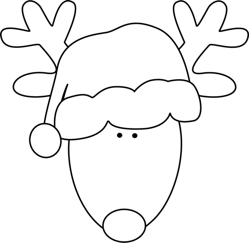 Black and White Reindeer Head and Santa Hat Clip Art Black and White