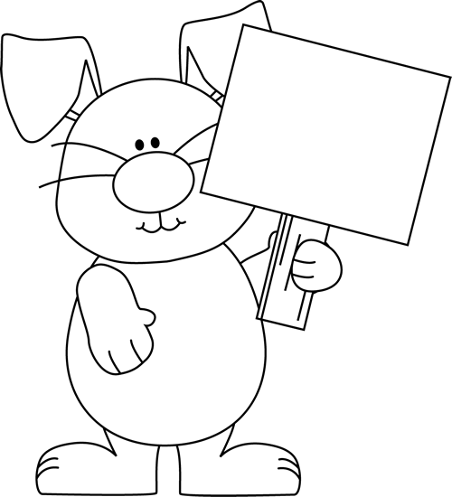 Black and White Easter Bunny with a Blank Sign Clip Art ...