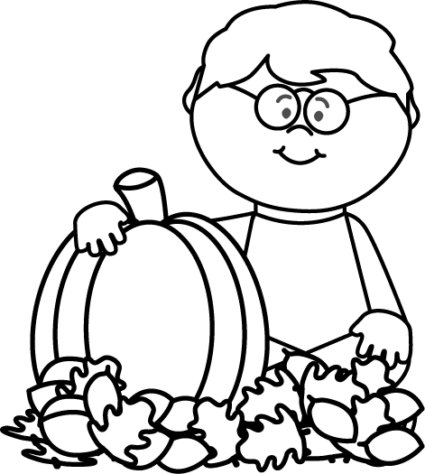 Black and White Black and White Boy Sitting in Leaves with Pumpkin