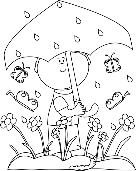 Black and White Boy in Spring Rain Clip Art - Black and ...
