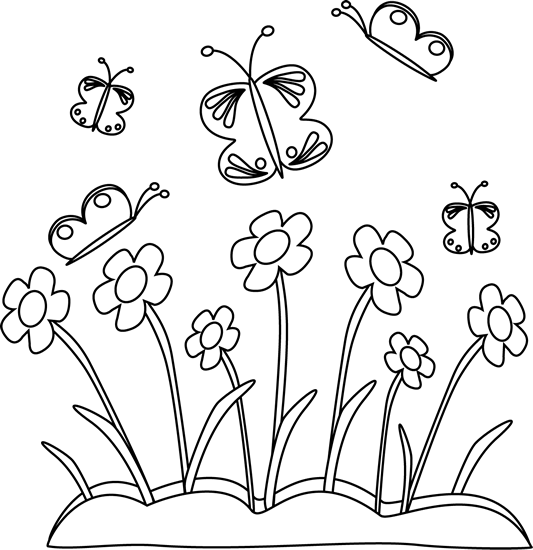 Black and White Spring Flowers and Butterflies Clip Art