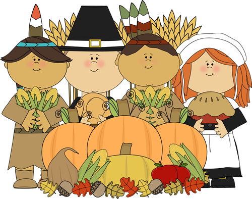 Pilgrims and Indians with Thanksgiving Harvest