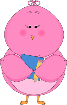 Pink Bird Holding a Notebook and Pencil