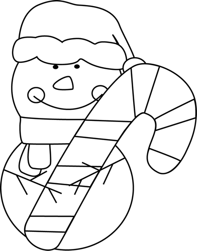 Black and White Christmas Snowman with Candy Cane Clip Art 