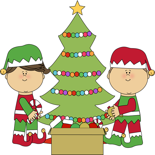 Elves Decorating a Christmas Tree Clip Art - Elves 