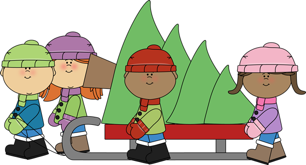 Kids Pulling Christmas Tree on a Sled Clip Art - Kids Pulling Christmas  Tree on a Sled Image