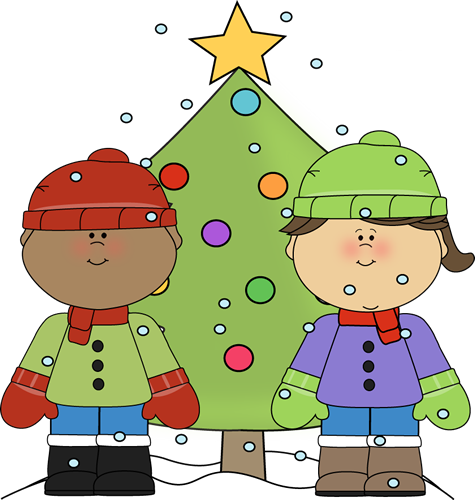 Little Boy and Girl with a Christmas Tree in the Snow