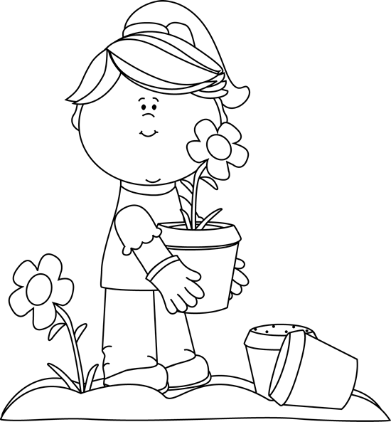 Black and White Girl Planting Flowers Clip Art - Black and White Girl ...