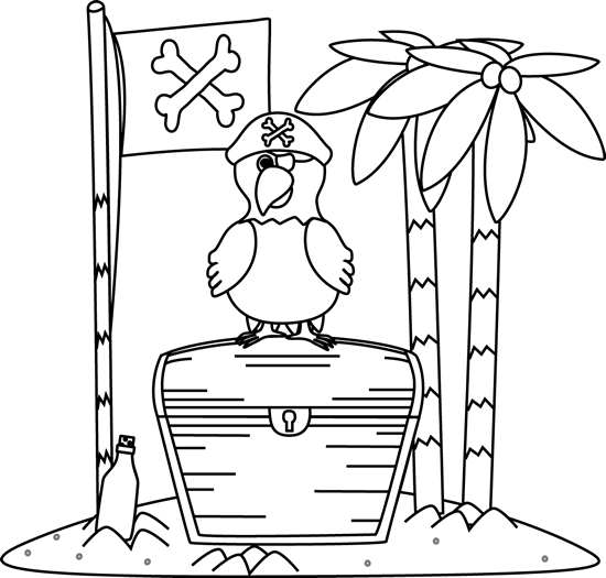 Black and White Pirate Parrot and Flag on an Island