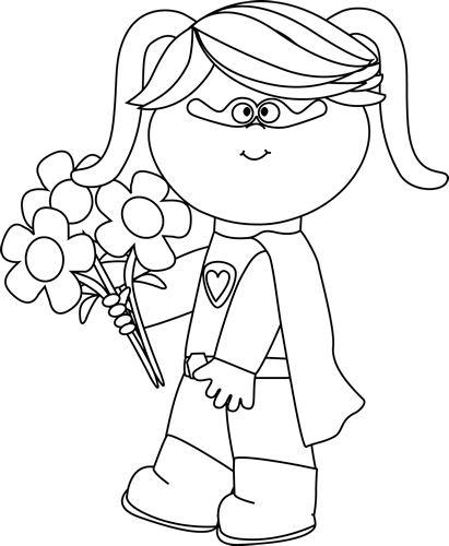 Black and White Valentine Superhero Girl with Flowers